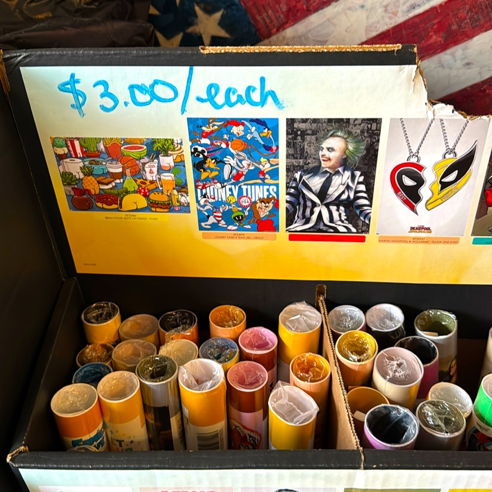 I have 82 posters Jaws Beetlejuice Family Guy, Elvis Presley, South Park,